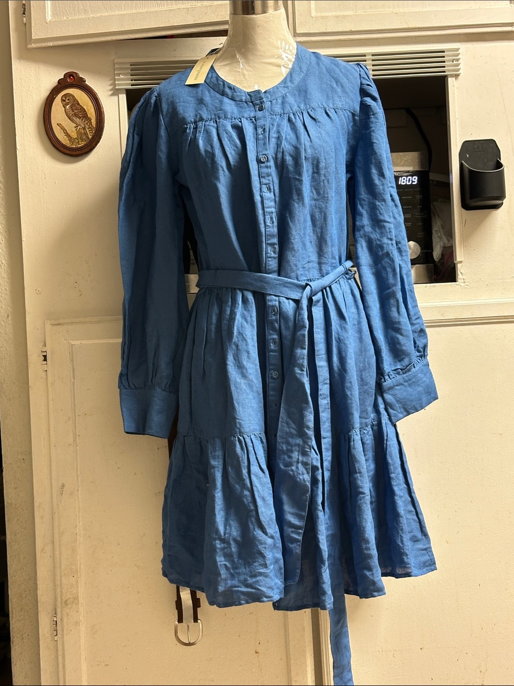 Sundance Blue Long-Sleeve Tiered Button-Front Dress with Self Tie